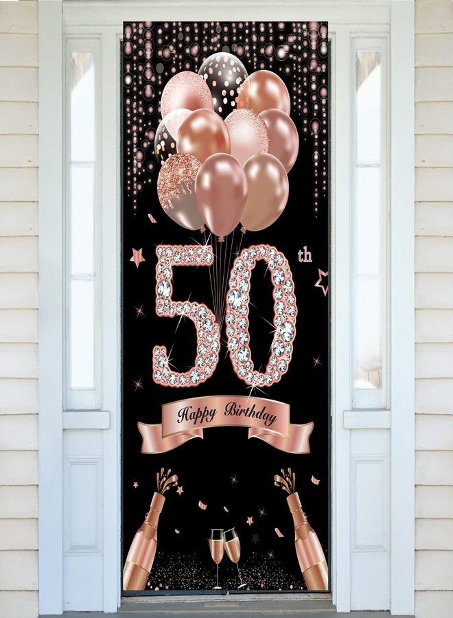 Bumqviy 50th Birthday Door Banner Decorations for Women, Rose Gold Happy 50 Birthday Door Cover Sign Party Supplies, Fifty Year Old Bday Photo Props Decor for Outdoor Indoor - Image 1