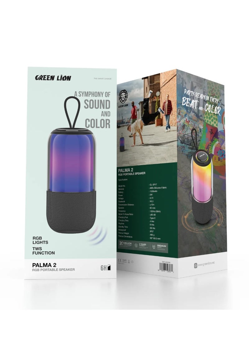GREEN LION Portable Speaker Palma 2 with RGB Lights / TWS Function /TF Card Input/ Extra Base/360° Audio/ Bluetooth V5.3 / Uninterrupted Music Playback / Powerful Stereo Sound - Black - Image 5