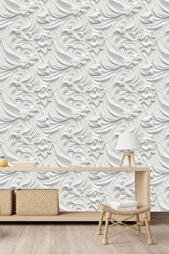 weiseni Peel and Stick Contact Paper Not Faux 3D Embossed White and Grey Floral Flat Wallpaper Tickened Vinyl Self Adhesive Removable Clearance Wallpaper for Bathroom Bedroom Living Room 177in x 98ft - Image 1