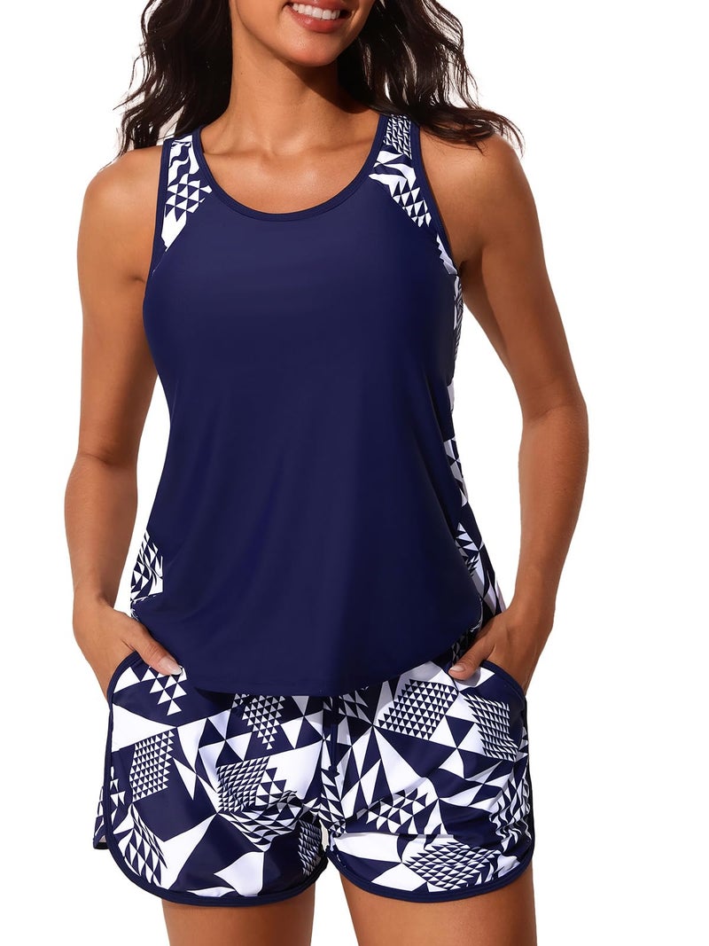 Summer Mae Blouson Tankini Swimsuits for Women 2026 Tummy Control Two Piece Bathing Suits with Sporty Pockets Swim Shorts Cube Size 16 - Image 1