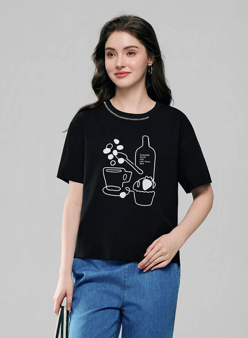 Women Boyfriend Cotton Print Crew Tee