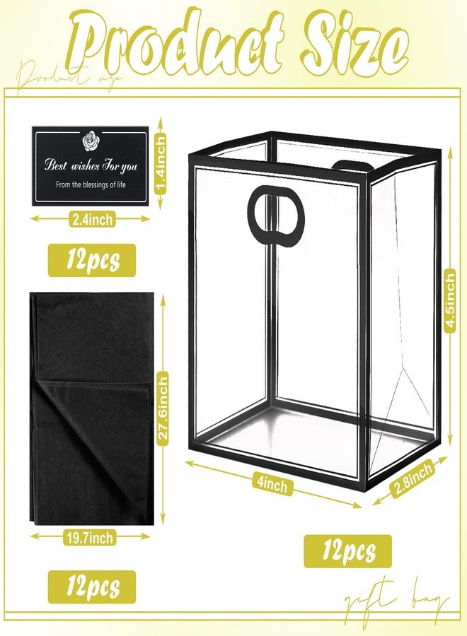 Tenare 12 Pack Small Clear Gift Bags with Handles Bulk 4 x 2.8 x 4.5'' Mini Transparent Plastic Gift Bag Tiny Goodie Bag with Ribbon Tissue Paper for Wedding Birthday Shower Party Favor(Black - Image 2