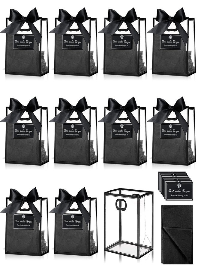 Tenare 12 Pack Small Clear Gift Bags with Handles Bulk 4 x 2.8 x 4.5'' Mini Transparent Plastic Gift Bag Tiny Goodie Bag with Ribbon Tissue Paper for Wedding Birthday Shower Party Favor(Black - Image 1