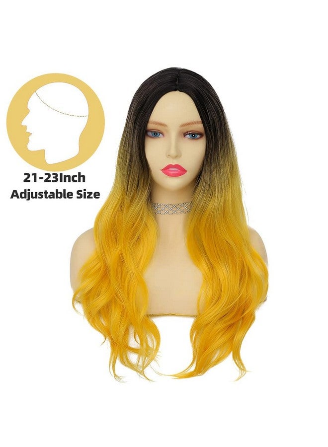 باروكة صفراء طويلة ومموجة ومموجة للنساء، باروكة صفراء متوسطة الطول، شعر صناعي طبيعي لحفلات الهالوين (أصفر)
