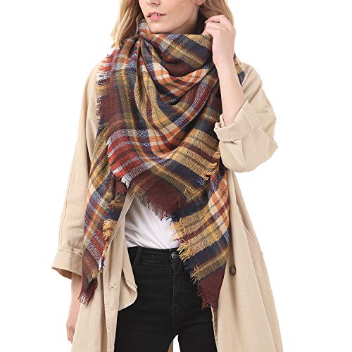 Zando Plaid Blanket Thick Winter Scarf Women Fall Scarfs Tartan Chunky Wrap Oversized Wrap Shawl Cape Coffee Fashion Scarf - Image 3