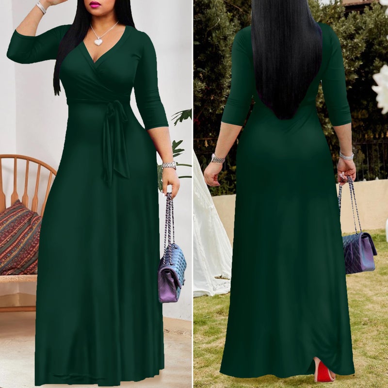 FANDEE Women's 2026 Maxi Dress - Solid Color Bohemian Summer Long Maxi Dress V-Neck 3/4 Sleeve Green M - Image 5
