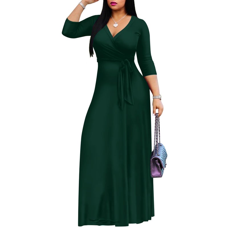 FANDEE Women's 2026 Maxi Dress - Solid Color Bohemian Summer Long Maxi Dress V-Neck 3/4 Sleeve Green M - Image 2