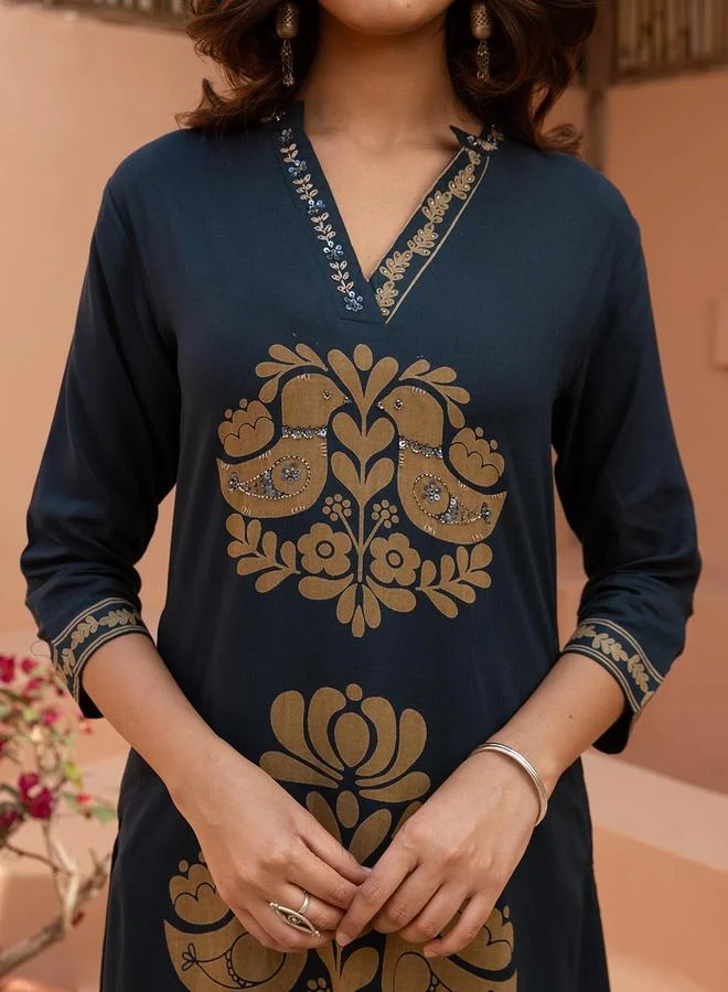 ISHIN Women's Blue Rayon Printed Tunic Upper Calf Length Palazzo Bottom Straight Fit 2 Peice Kurta Set