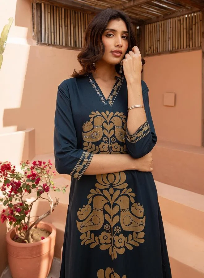ISHIN Women's Blue Rayon Printed Tunic Upper Calf Length Palazzo Bottom Straight Fit 2 Peice Kurta Set