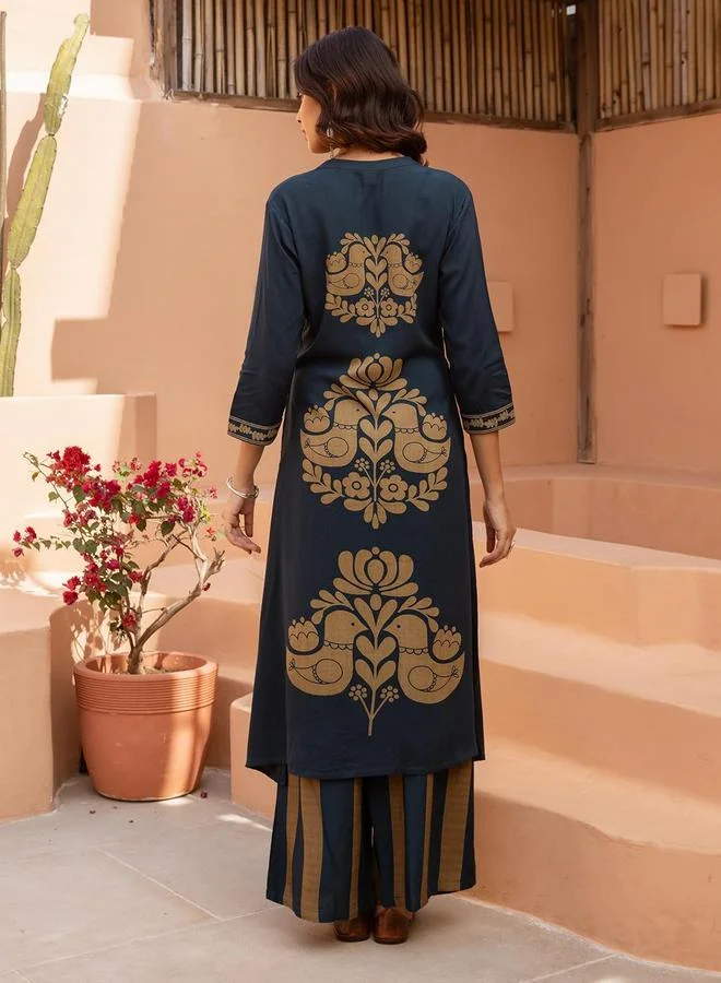 ISHIN Women's Blue Rayon Printed Tunic Upper Calf Length Palazzo Bottom Straight Fit 2 Peice Kurta Set