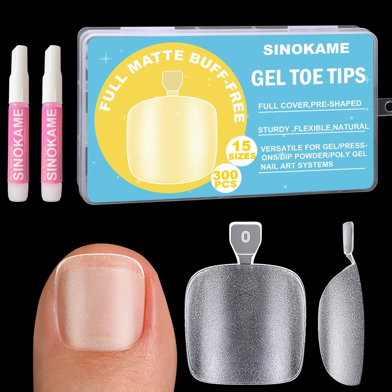 SINOKAME Clear Press on Toenails Short with Nail Glue Kit, SINOKAME Full Cover No File Matte Gel Toe Nail Tips for Regular &Small Toenail Beds Short Lengths, 300 Pcs 15 Inclusive Sizes for up to 10 Pedicures - Image 1