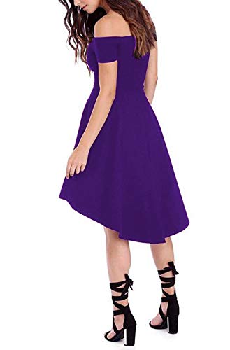 Sarin Mathews Women Off The Shoulder Short Sleeve High Low Cocktail Skater Dress Purple M - Image 2