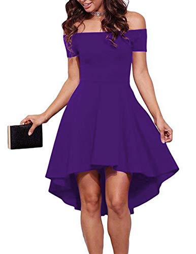 Sarin Mathews Women Off The Shoulder Short Sleeve High Low Cocktail Skater Dress Purple M - Image 1