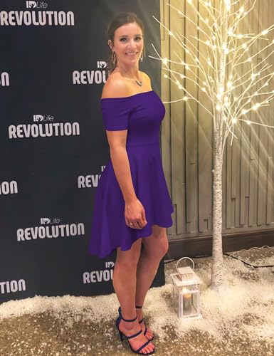 Sarin Mathews Women Off The Shoulder Short Sleeve High Low Cocktail Skater Dress Purple M - Image 5