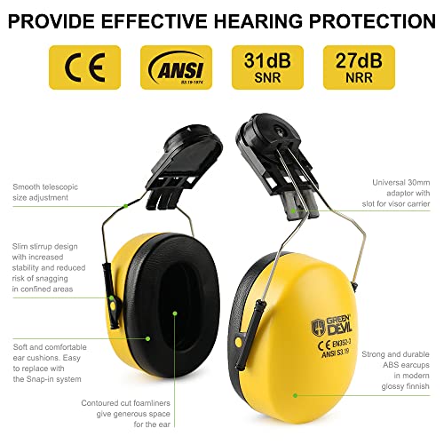 GREEN DEVIL Hard Hat Mounted Ear Muffs Helmet Attachable Hearing Protection Safety Earmuff Professional Hard Hat Attachment Ear muff for Construction or Manufacturing NRR 27dB Noise Protection(safety-yellow) - Image 3