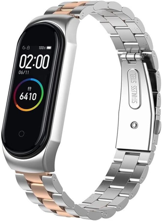 O Ozone Metal Watch Strap Compatible With Xiaomi Mi Band 6 /Mi Band 5, 3 beads Stainless Steel Adjustable Smartwatch Replacement Straps for Men Women (Silver/Rose Gold)