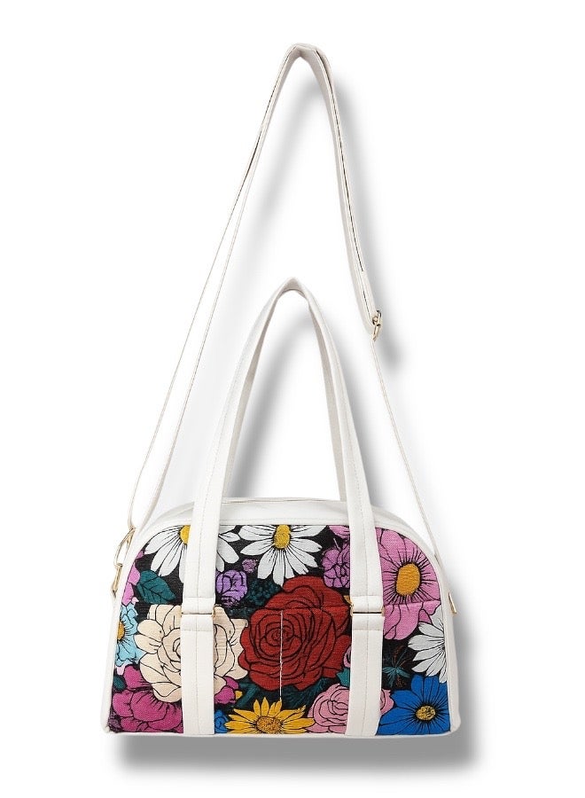 White Hand and Crossbody Bag with Vibrant Floral Print and Elegant Spring Vibe” - Image 1