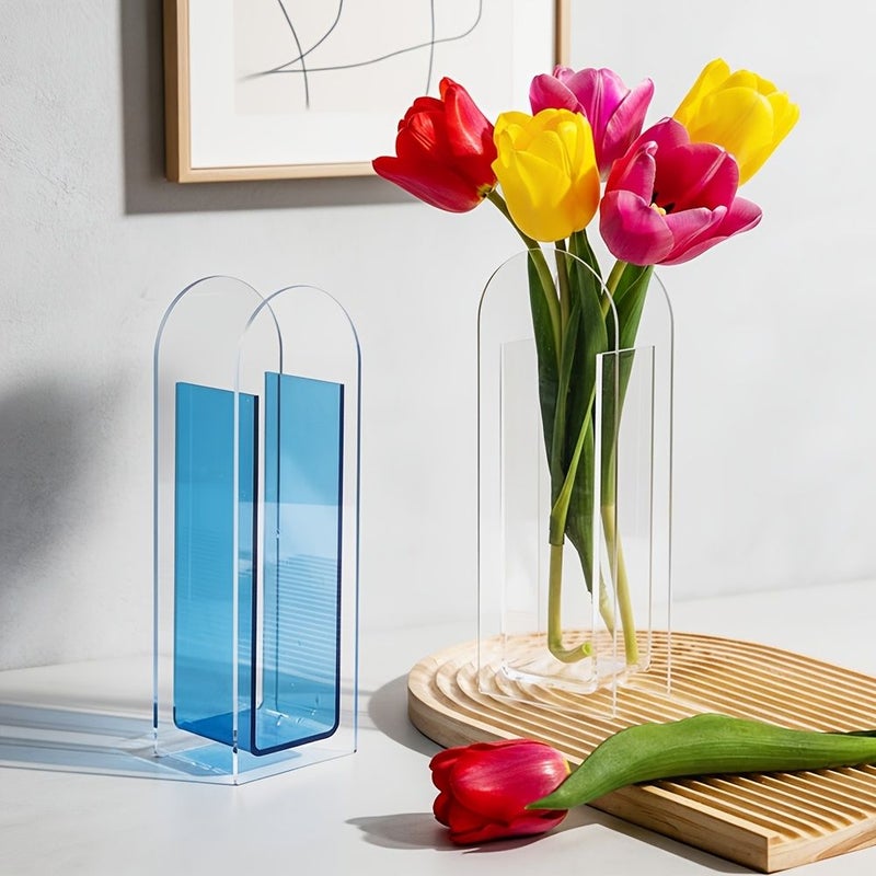 Blue Acrylic Arched Geometric Vase With Cleaning Cloth For Tabletop - Image 2