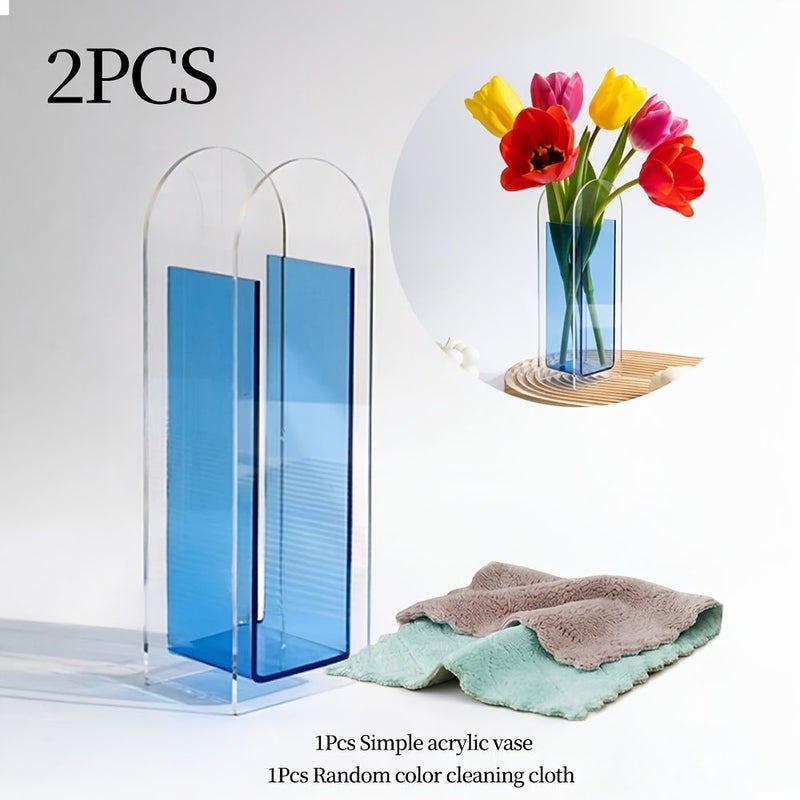 Blue Acrylic Arched Geometric Vase With Cleaning Cloth For Tabletop - Image 1