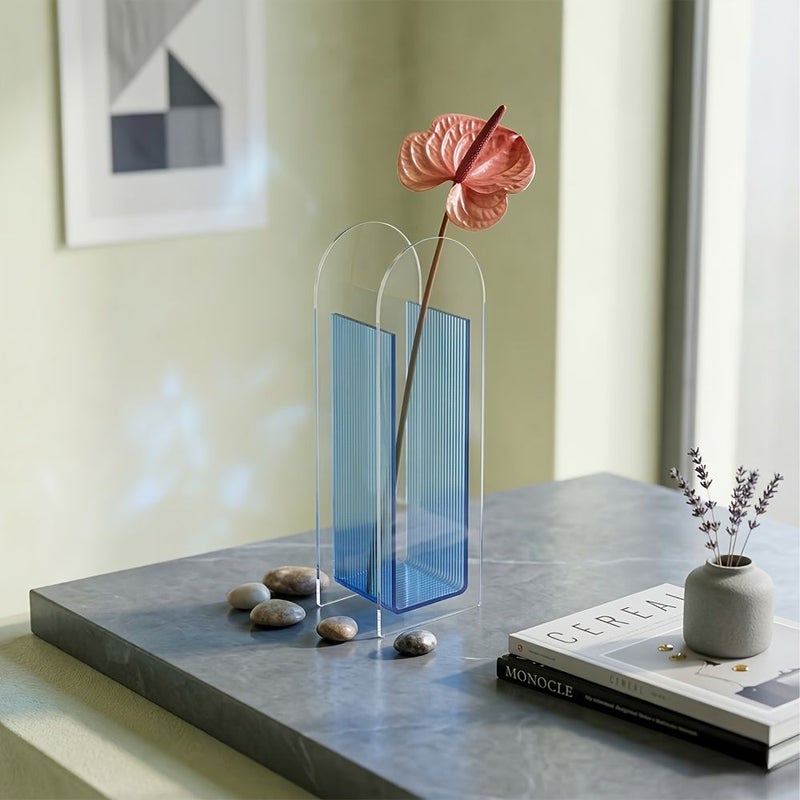 Blue Acrylic Arched Geometric Vase With Cleaning Cloth For Tabletop - Image 5