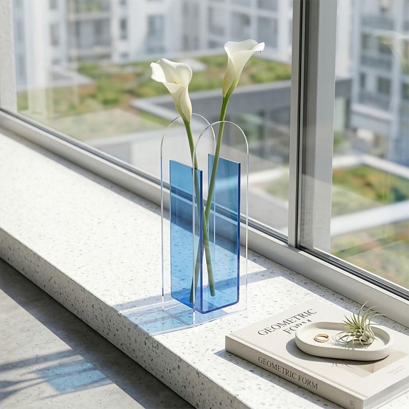 Blue Acrylic Arched Geometric Vase With Cleaning Cloth For Tabletop - Image 4