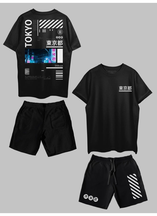 THREADCURRY THREADCURRY Night in Tokyo Printed Co-ord Set for Men - Half Sleeve Oversized T-Shirt and Shorts  - Image 1