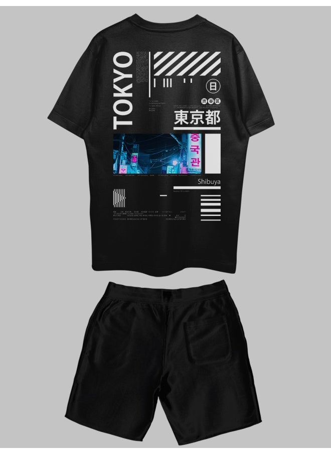THREADCURRY THREADCURRY Night in Tokyo Printed Co-ord Set for Men - Half Sleeve Oversized T-Shirt and Shorts  - Image 2