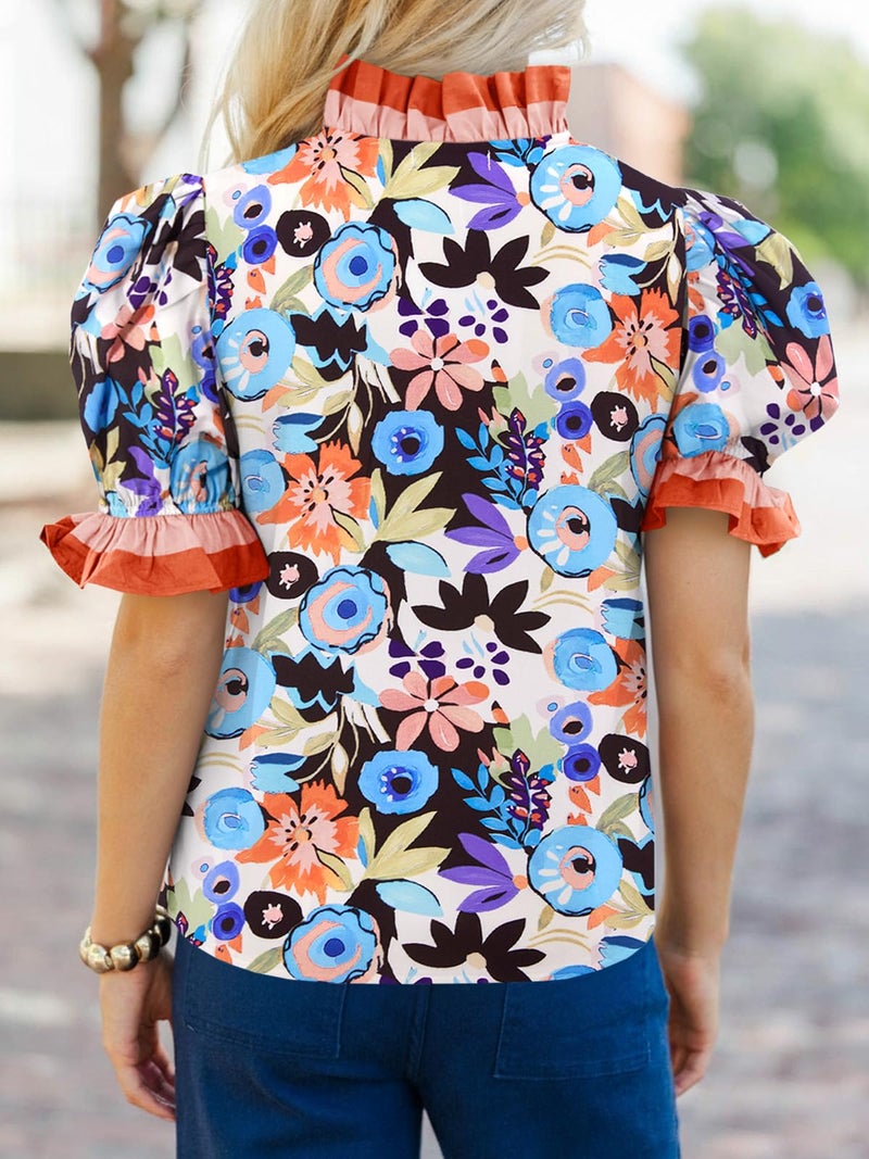 Cicy Bell Womens Summer Floral Print Tops Casual Puff Short Sleeve Ruffle V Neck Button Down Shirts Patchwork Boho Blouses - Image 4