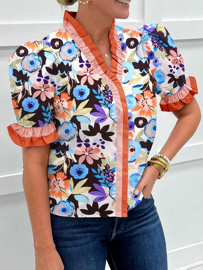 Cicy Bell Womens Summer Floral Print Tops Casual Puff Short Sleeve Ruffle V Neck Button Down Shirts Patchwork Boho Blouses - Image 3