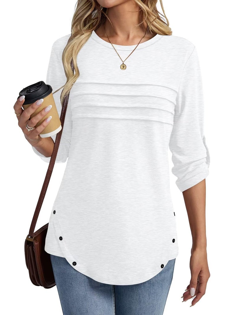 TICTICMISS Women's 3/4 Length Rolled Sleeve Tunic Tops Pleated Crew Neck T Shirts Both Side Buttons Summer Blouses White - Image 1