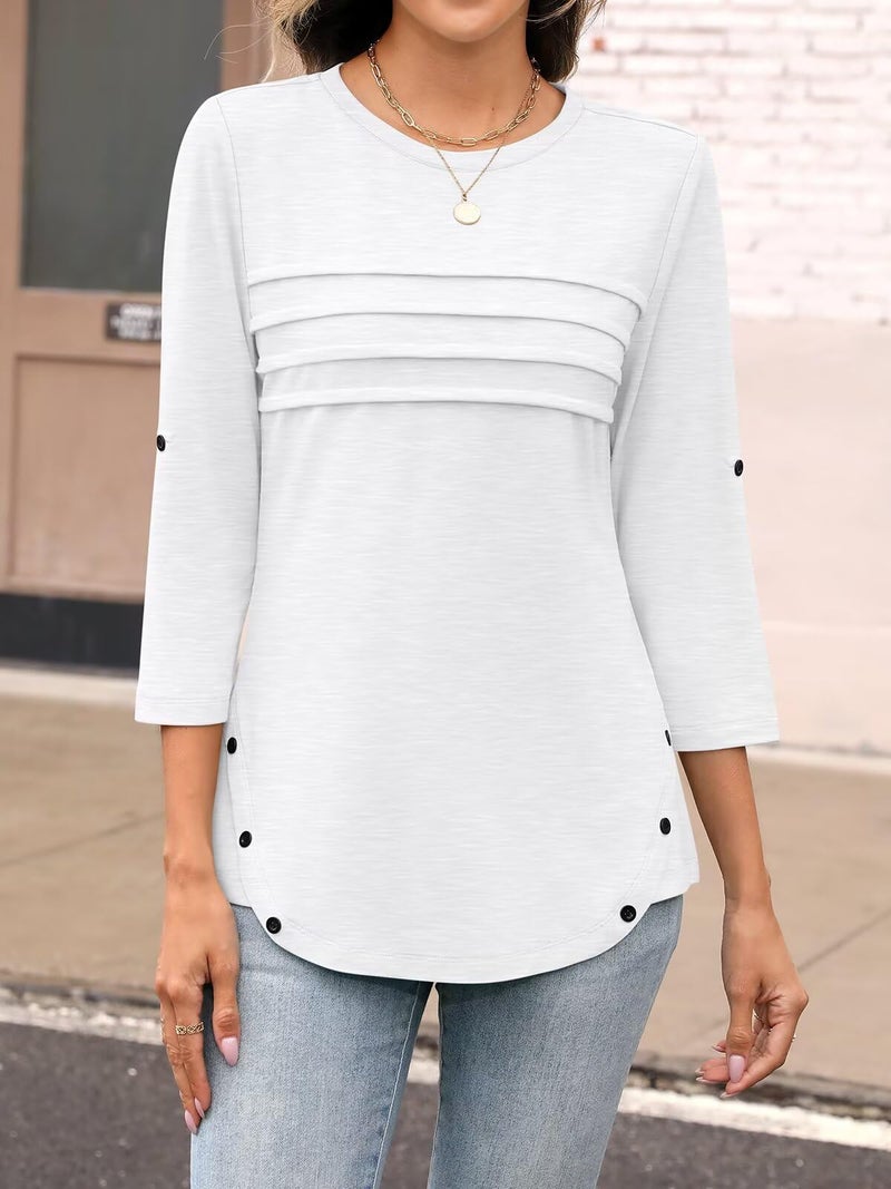 TICTICMISS Women's 3/4 Length Rolled Sleeve Tunic Tops Pleated Crew Neck T Shirts Both Side Buttons Summer Blouses White - Image 5