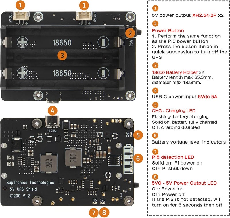 Geekworm X1200 5V UPS Shield for Raspberry Pi 5, with Max 5.1V 5A Output & Auto Power On & Safe Shutdown & Power Loss Detection Function - Image 2