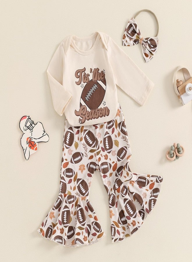 SAYOO Newborn Baby Girl Football Outfit Letter Print Romper Rugby Bell Bottom Pants Bows Fall Coming Home Flare Outfit (Beige, 3-6 Months) - Image 2