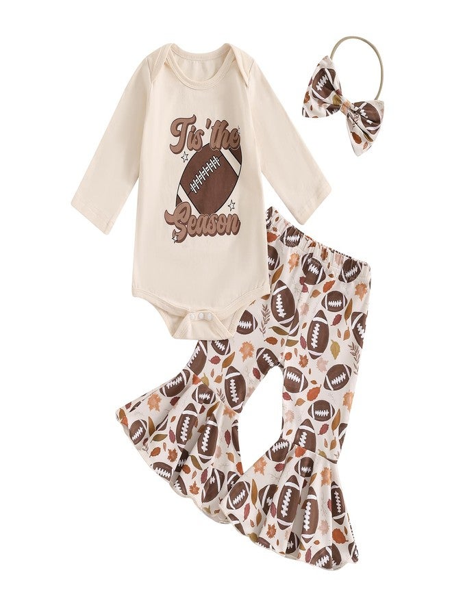 SAYOO Newborn Baby Girl Football Outfit Letter Print Romper Rugby Bell Bottom Pants Bows Fall Coming Home Flare Outfit (Beige, 3-6 Months) - Image 1