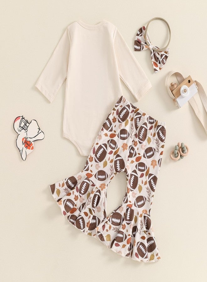 SAYOO Newborn Baby Girl Football Outfit Letter Print Romper Rugby Bell Bottom Pants Bows Fall Coming Home Flare Outfit (Beige, 3-6 Months) - Image 3