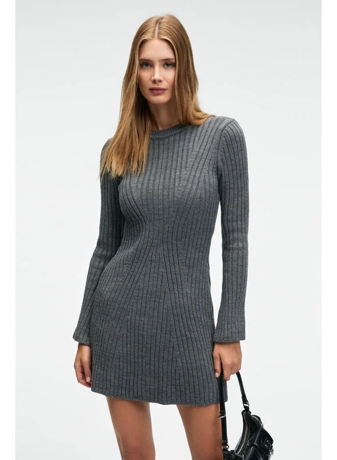 ENCANTO Women's Round Neck Striped Pattern Slim Fit Anthracite Dress.