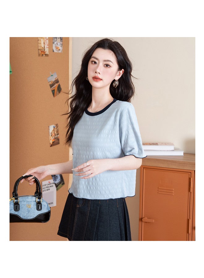 Baleno Color Block Lace-trim Jacquard Short Sleeve T-shirt For Women - Summer Bestseller Loose Comfortable Fashion Casual Versatile Top - Image 5