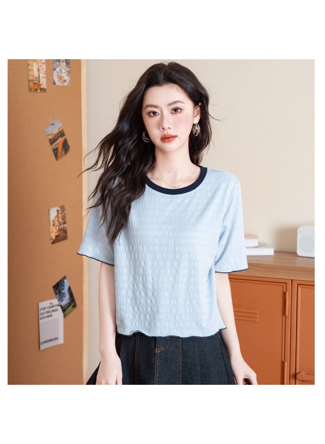 Baleno Color Block Lace-trim Jacquard Short Sleeve T-shirt For Women - Summer Bestseller Loose Comfortable Fashion Casual Versatile Top - Image 3