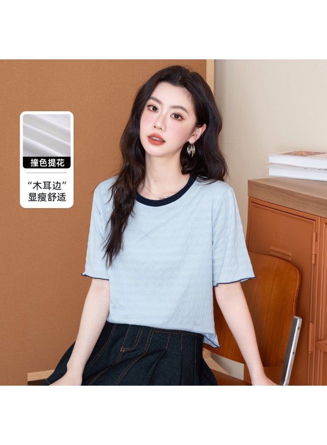 Baleno Color Block Lace-trim Jacquard Short Sleeve T-shirt For Women - Summer Bestseller Loose Comfortable Fashion Casual Versatile Top - Image 2