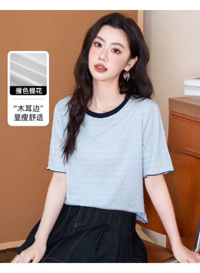 Baleno Color Block Lace-trim Jacquard Short Sleeve T-shirt For Women - Summer Bestseller Loose Comfortable Fashion Casual Versatile Top - Image 1
