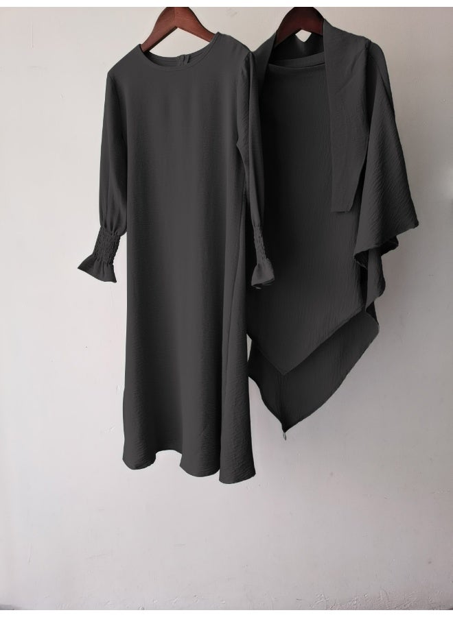 New Arrivals: Solid Color Round Neck Ruffle Hem Wave Pattern Dress