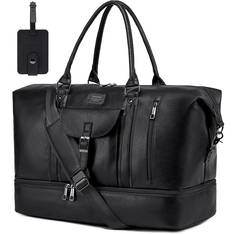 weiatas Faux Leather Travel Duffel Bag for Women Men, Large Weekender Overnight Bag with Shoes Compartment, Waterproof Carry On Bag Travel Tote Bag Gym Bag with Luggage Strap (Black) - Image 1