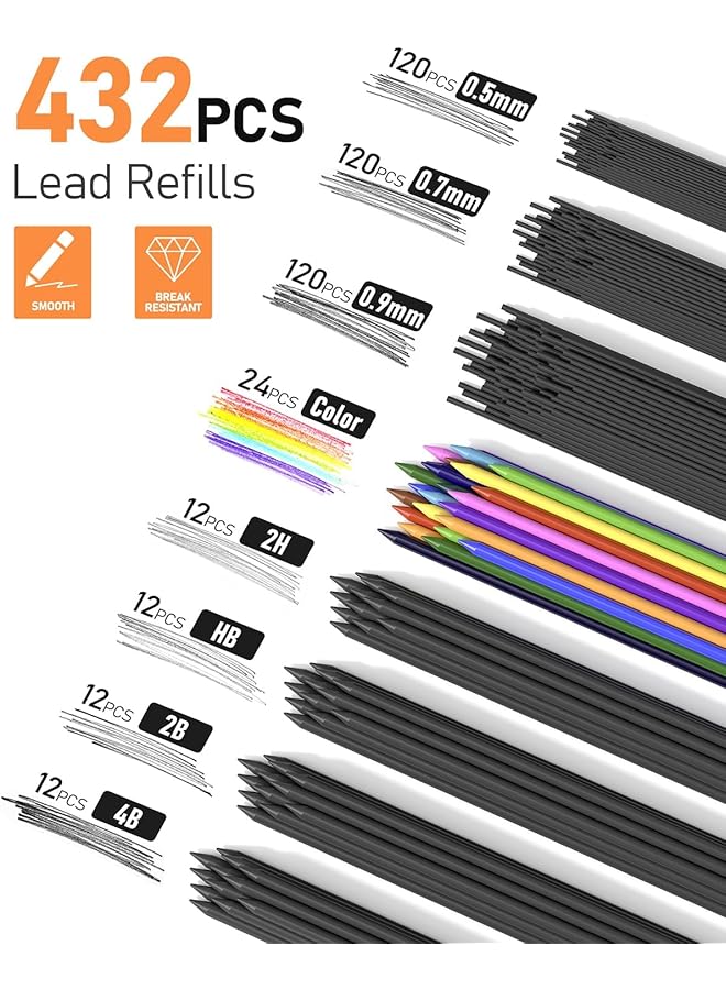 إيروريكس مجموعة أقلام رصاص ميكانيكية فنية مكونة من 25 قطعة مع حافظة و3 أقلام رصاص معدنية للفنانين بقياس 0.5 و0.7 و0.9 مم و3 أقلام بقياس 2 مم وحامل أقلام Hb و2H و2B و4B ملونة مع 432 قطعة من عبوات الرصاص الجرافيت للرسم - Image 2