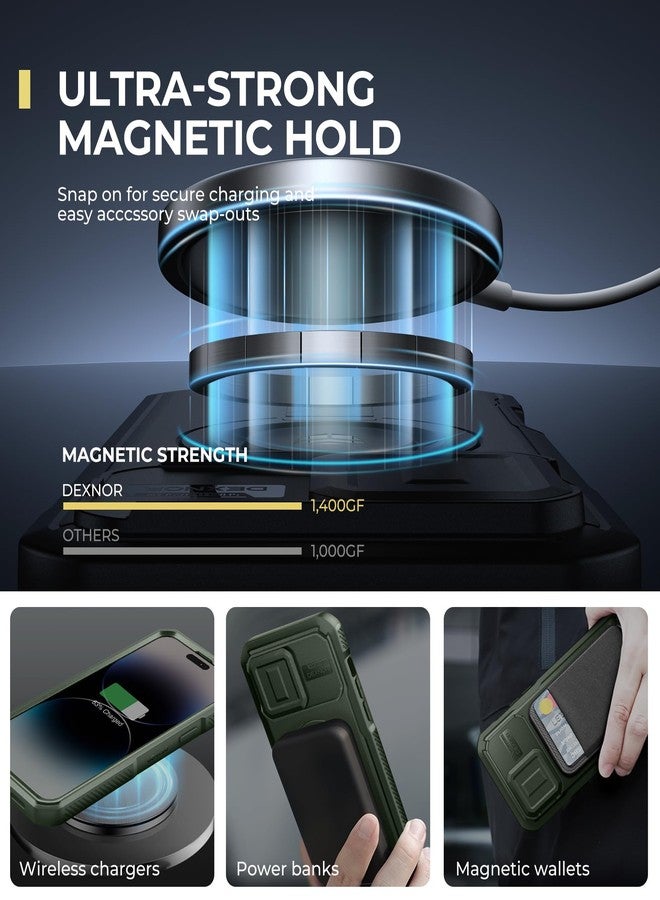Dexnor for iPhone 14 Pro Max Case with Slide Camera Cover & Adjustable Kickstand & Built-in Screen Protector, Magnetic Rugged Shockproof Bumper Cases Heavy-duty Magnetic Protective Cover,Army Green - Image 3