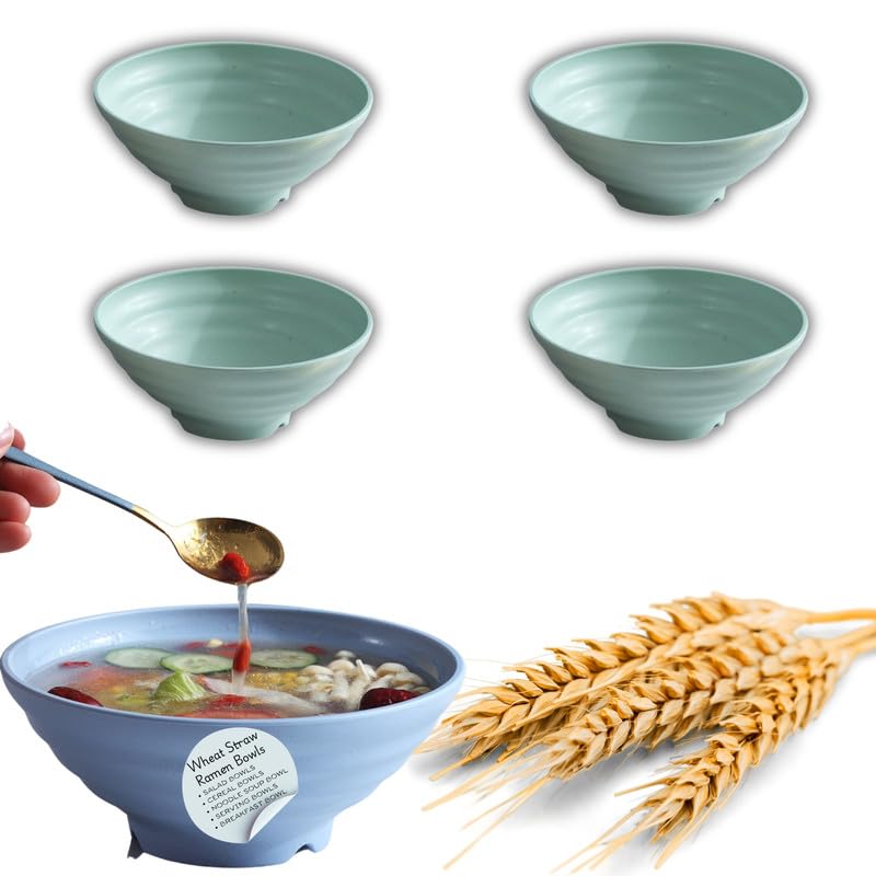 Clovis Wheat Straw Cereal Bowls Unbreakable Reusable Bowls Microwave Safe Bowls for Kitchen Camping RV Dessert Soup Salad Ramen Eating Oatmeal Green 23 x 9 CM Pack of 4 - Image 1