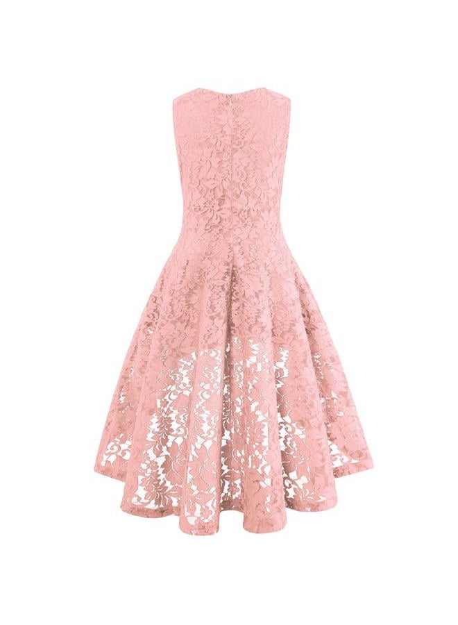 Viriber Girls Floral Lace Dress Easter Bridesmaid Vintage Formal Cocktail Party Swallowtail Swing Dresses 7-14 Years(Pink Lace,11-12T) - Image 2