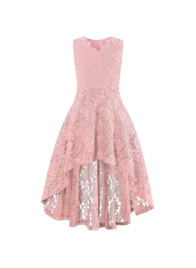 Viriber Girls Floral Lace Dress Easter Bridesmaid Vintage Formal Cocktail Party Swallowtail Swing Dresses 7-14 Years(Pink Lace,11-12T) - Image 1