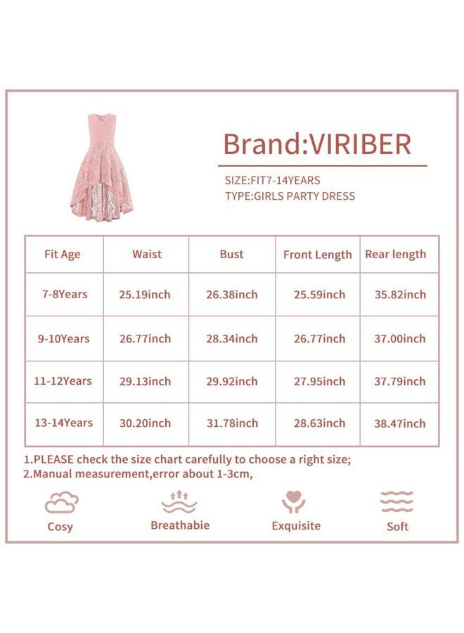 Viriber Girls Floral Lace Dress Easter Bridesmaid Vintage Formal Cocktail Party Swallowtail Swing Dresses 7-14 Years(Pink Lace,11-12T) - Image 4