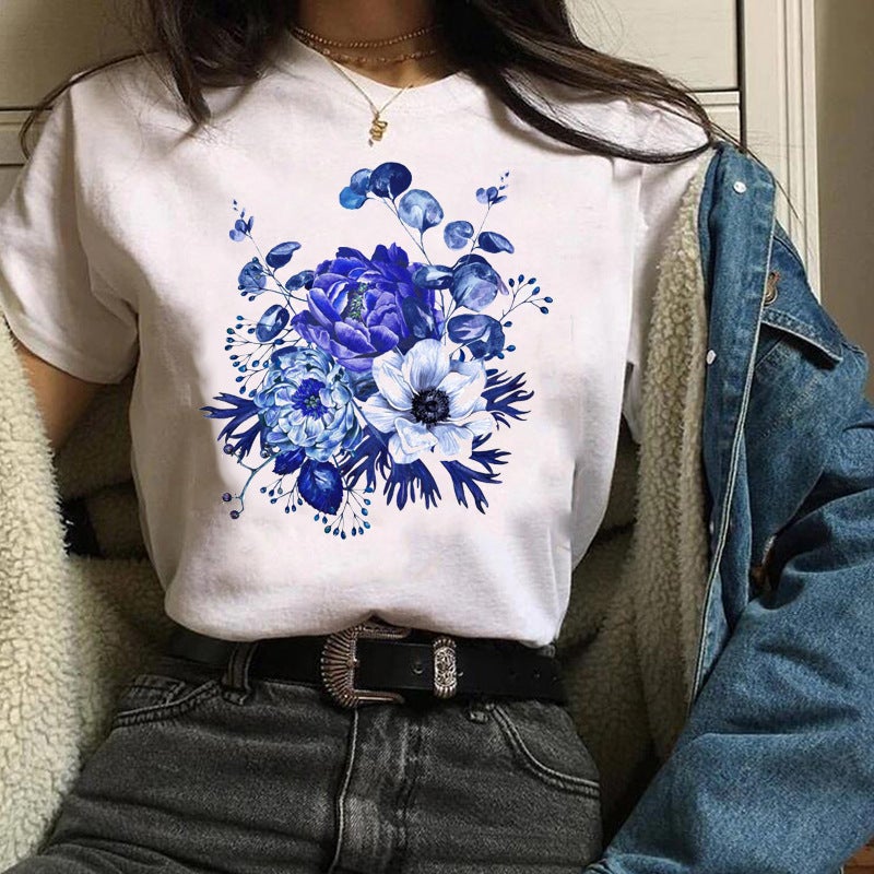 2023 Fashion Flowers Urban Shrimp Crewneck Printed White T-Shirt Short Sleeve Women'S - Image 1