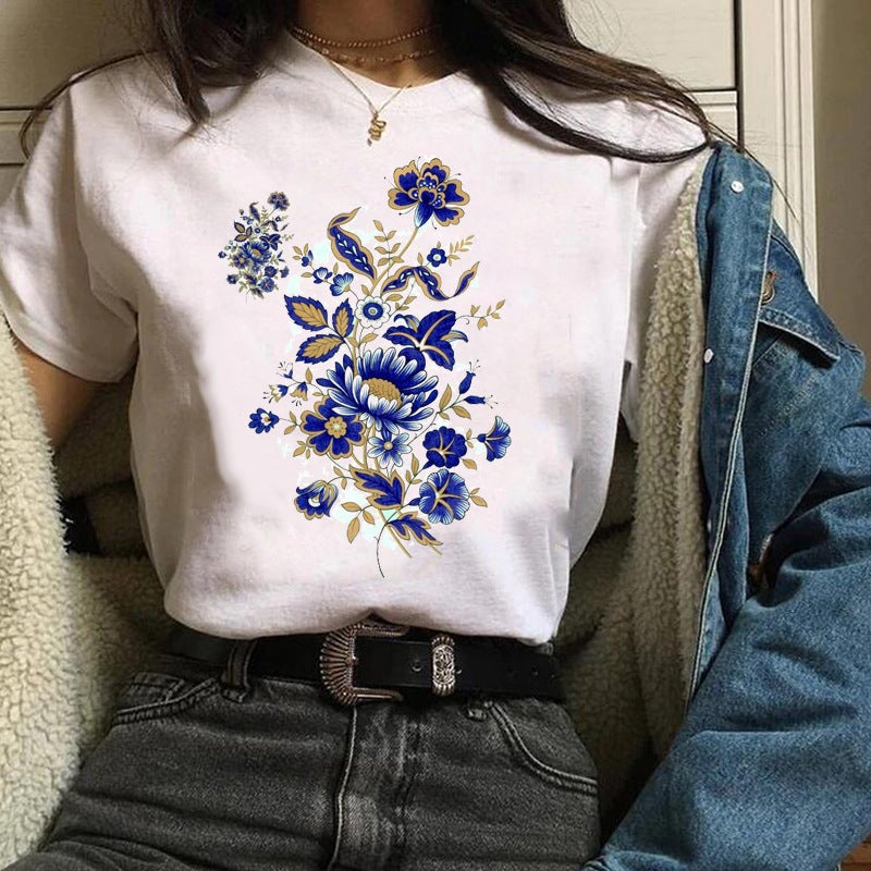 2023 Fashion Flowers Urban Shrimp Crewneck Printed White T-Shirt Short Sleeve Women'S - Image 5
